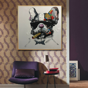 100% peint à la main Animal Graffiti bouledogue <span class=keywords><strong>patron</strong></span> portant des lunettes de soleil sur <span class=keywords><strong>toile</strong></span> Pop moderne décoration murale Art encadré prêt à accrocher - Product Image 1