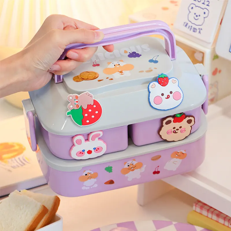 Kotak Makan Siang Kawaii Portabel untuk Anak Perempuan Anak-anak Sekolah Kotak Bento Piknik Plastik Kotak Makanan Microwave dengan Kompartemen Wadah Penyimpanan