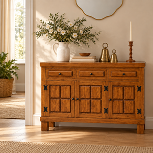 Farmhouse Solid Wood Living Room <b>Cabinet</b> <b>with</b> 3 <b>Drawers</b> and Raised Panel Doors for <b>Storage</b> Rustic Furniture - Product Image 1