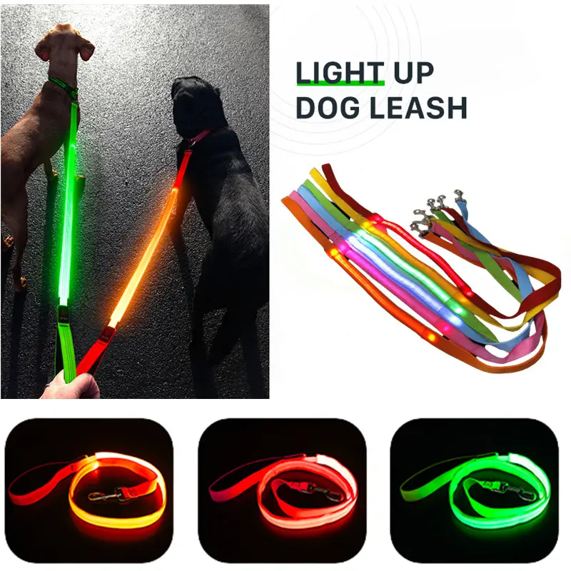 Glowing Led Dog Leash Usb Recarregável Pet Dog Piscando Nylon Webbing Leashes- 3 Modos de iluminação Mantenha seus animais seguros na escuridão
