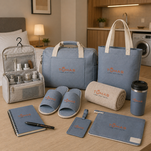 Travel Comfort Kit With Duffel Bag Slippers Water Bottle Notebook Sleep Mask Towel Pen for Business Guests And Corporate Events - Product Image 1