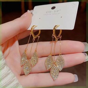 Shiny Rhinestone Leaf Jewelry Tassel Dangle Drop <b>Earrings</b> Gold Plated <b>Stud</b> <b>Earrings</b> - Product Image 2