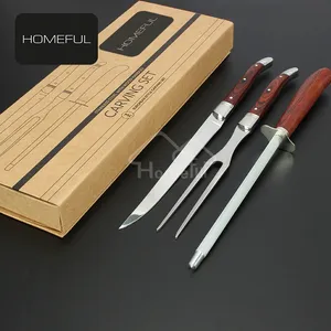 Heiß verkaufte Edelstahl-Schnitz messer gabel plus Schärfstahl-Set l mit Pakka-Holzgriff in Geschenk box