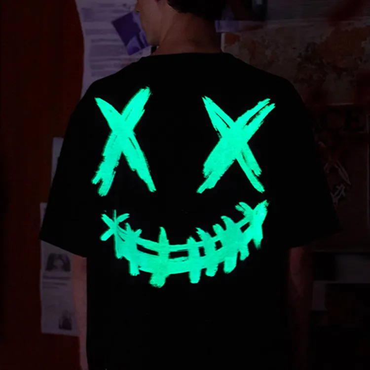 OEM Custom Printing Fluorescent Reflective Logo Graphic T Shirt 100% Cotton Oversized Tees Mens Glow in the Dark T shirts