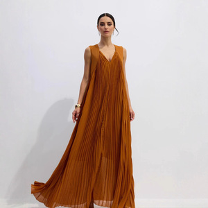 Robe de soirée longue plissée asymétrique dos nu taille empire avec superposition transparente couleur unie pour femme – Tenue de soirée estivale - Product Image 2