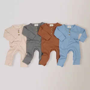 Individuelle Waffel-Babystrampler Baumwolle für Neugeborene und Kleinkinder langärmelig lässig Jumpsuits solide Farbe 0-3 Monate OEM-Service