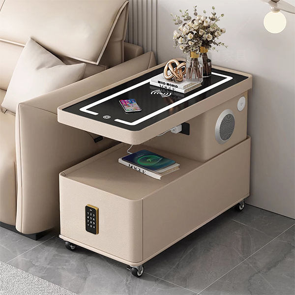 SEHAUSEU Table D'Appoint Forme C Bambou Métal Moderne Hauteur Réglable Avec Roulettes, Table D'Appoint De Lit, De Canapé, De Chevet, De Soins, Pour Salon Chambre Salle De Bains