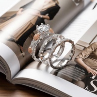 Mode 3 pièces Rose fleur empilable anneau brillant rond cubique Zircon anneau ensemble femmes mariage promesse Couple anneau saint valentin cadeaux