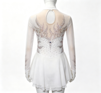 Robe de patinage artistique blanche à manches longues en Spandex/Nylon avec dos en maille découpée et jupe ornée de strass pour enfants, idéale pour la compétition