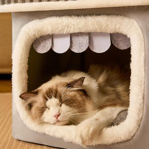 Gemütliches, geschlossenes, warmes Katzen hausbett für Katzen und kleine Hunde, weiches, faltbares privates Tierheim mit abnehmbarem Kissen - Product Image 3