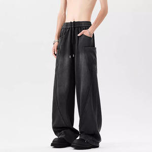 American Style Lightweight Design Pure Cotton Casual Spring Trendy Loose Straight Scimitar Pants <b>Men</b> Wide Leg Sweatpants Painted - Product Image 2