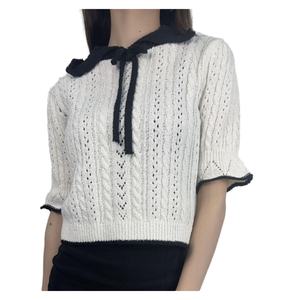 OEM ODM Blusas de punto para mujer con cuello de encaje, estilo suelto y corto, con cinco mangas acampanadas, para verano - Product Image 3