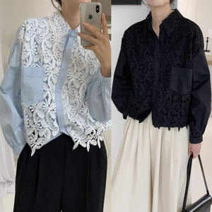 Chemise pour femme à manches longues, <span class=keywords><strong>col</strong></span> à revers, avec cordon de serrage, effet deux pièces, en dentelle <span class=keywords><strong>crochet</strong></span>ée, nouvelle mode décontractée, printemps 2026, vente en gros - Product Image 2