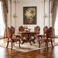 Europäisches Massivholz Rundes Esszimmer-Set Handgeschnitzte PU-Leder Stühle Vintage Königliche Esszimmermöbel Großhandel