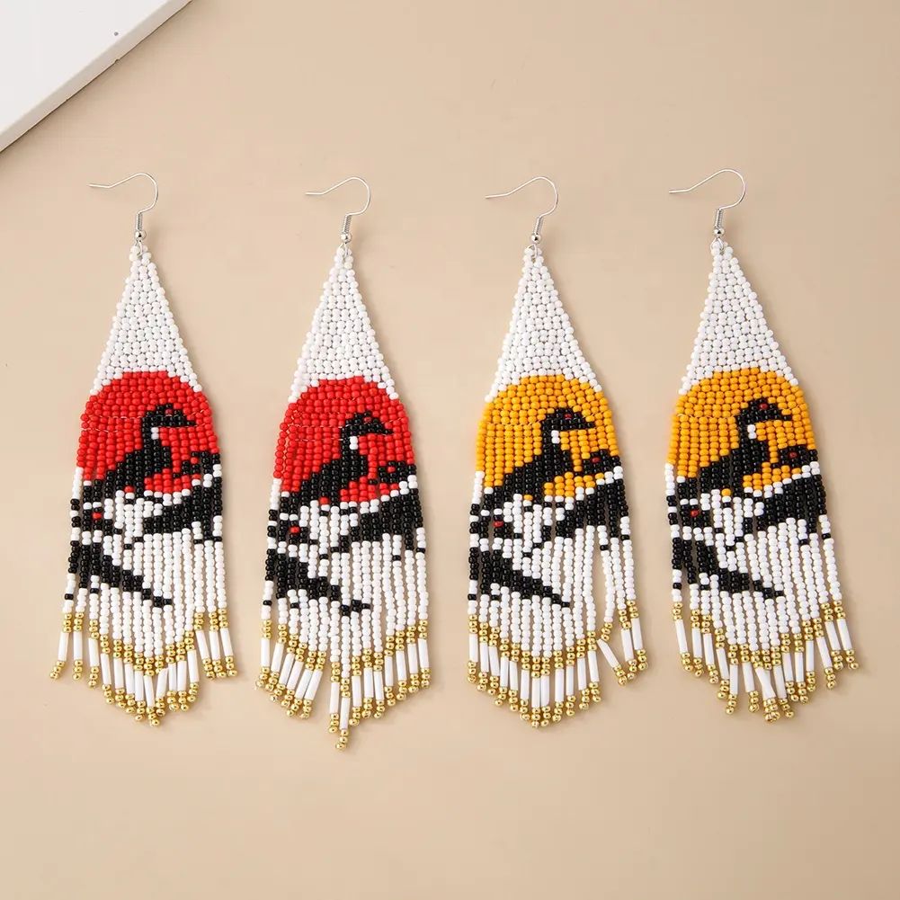 Bohemian Vintage Style Animal Bird Shape Earrings with Long Fringed Seed Beads stud earring Jewelry