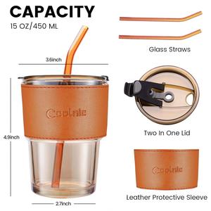 Cadeau d'entreprise promotionnel : Tasse en verre avec couvercle et paille, personnalisable, 15 oz, pour thé ou café, avec logo - Product Image 3