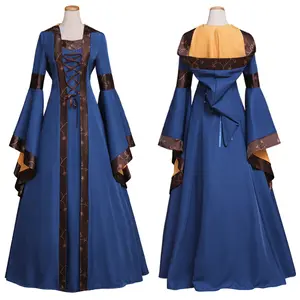 Women Medieval Dress Vintage Hooded Cloak Robe Adult Costume Victorian Retro Cosplay Long Dress