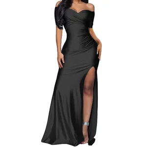 Zomer Mode Vrouw Formele Off-Shoulder Korte Mouw Wrap Split Elegante Lange Maxi Jurken Cocktail Jurken