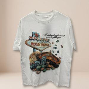 T-shirt en coton blanc à manches courtes et col rond pour homme avec imprimé Mixed Emotion Florida Casino, design streetwear décontracté - Product Image 4
