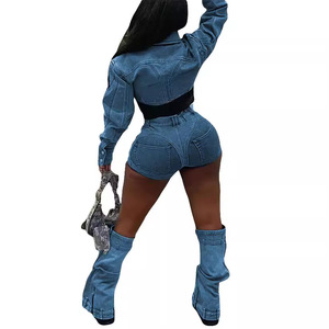 سترة نسائية طويلة الأكمام مرقعة مجموعة سراويل الدنيم <span class=keywords><strong>2</strong></span> قطعة - Product Image 3