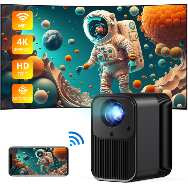 Mini Projector LED LCD 4K Autofocus Portable Pocketable Outdoor Built-in Speakers Android 9.0 300 Lumens USB Stereo iPhone