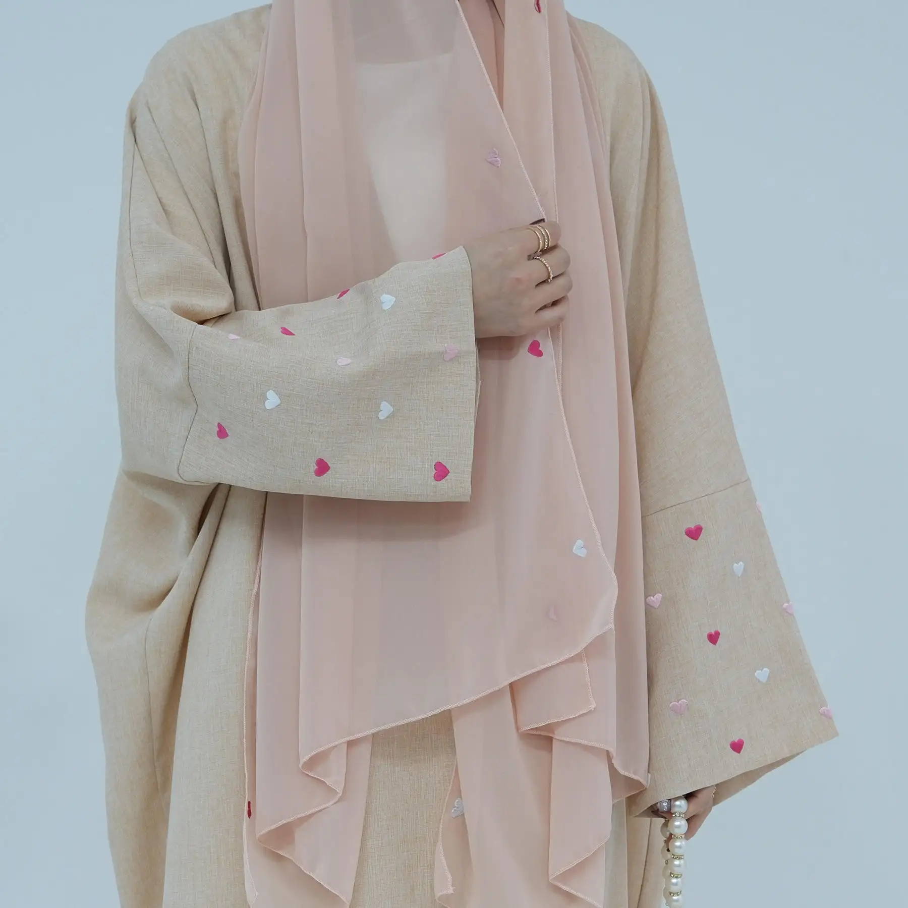 En gros Turquie EID Modeste Dubaï Lin Abaya Fille Musulmane Femmes Robe De Luxe Broderie Manches Lin Abaya Ouvert