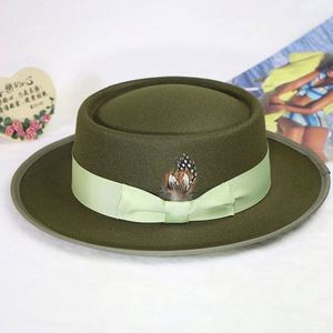 Custom High Quality Faux Wool <b>Fedora</b> <b>Hat</b> Fashion <b>Men</b> Sombreros Telescope Crown Pork Pie Boater <b>Hat</b> With Feather Satin Lining - Product Image 4