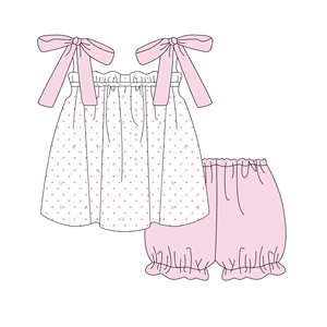 Monogramma vendita calda abbigliamento personalizzato per bambini estate cotone rosa stampe a punti con fiocco decorazione Baby Bubble pagliaccetto - Product Image 2