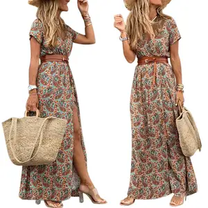 Boho Long Dress For Women Fashion V Neck Short Sleeve Paisley Print Dresses Summer Belt Large Hem Beach Dress