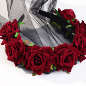 European American <b>Black</b> Skull Mesh Veil Simulation <b>Rose</b> Lace Edge Accessories Halloween Birthday Holiday Headband Costume - Product Image 3