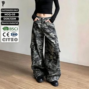 Jeans Anchos de Camuflaje OEM para Mujer, Cintura Alta, Múltiples Bolsillos, Estilo Urbano, Pantalones de Mezclilla, Logotipo Personalizado - Product Image 1