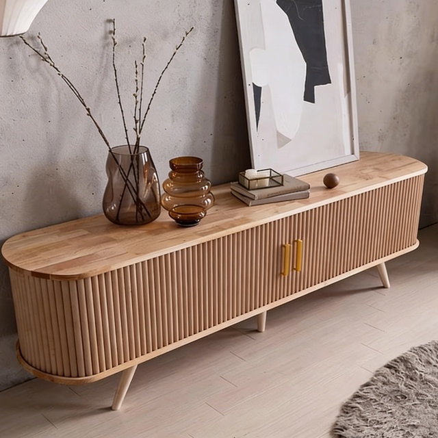 MidCentury Modern with Slatted Doors Storage Rounded Corner Entertainment Unit for Home Living Room Bedroom Wood TV Stand
