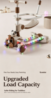 Trottinette pliable 3-en-1 légère pour enfants avec musique/lumières LED, siège et barrière réglables en hauteur pour les enfants de 2 à 14 ans, pour jouer en extérieur