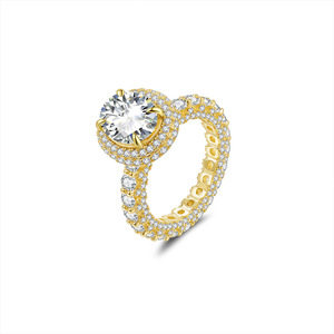 Luxury Women's Yellow <b>Gold</b> Moissanite Engagement <b>Ring</b> Round Brilliant Cut Pave Setting Prong Mounting <b>Cocktail</b> Style - Product Image 1