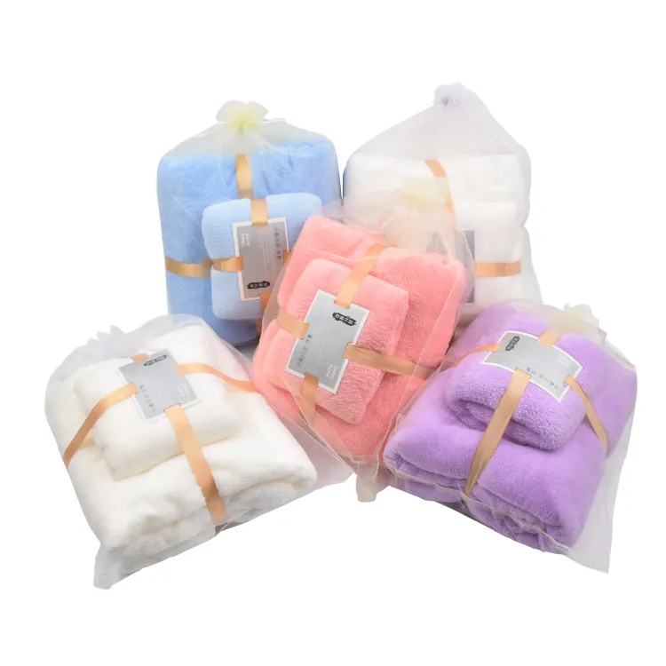 Wholesale Luxury Pink Purple White Microfiber Bathroom Bath Towel Sets Soft Bath Towel Fleece Terry Towel 2 Piece Set