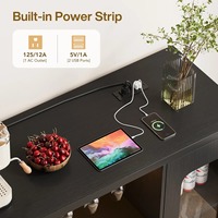 Meuble bar moderne en bois noir avec éclairage LED, prises électriques, portes à battants, rangement pour vin et café pour la maison