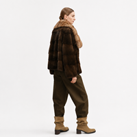 Jaket Pendek Kasual Wanita Musim Dingin Brown Mink, Anti Angin, Model Boxy Fit, Berkerudung, Kerah Bulu Sable Asli, Bulu Kastanye Kaya, Poliester