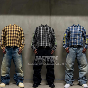 Chemises polo en flanelle boutonnées à manches longues personnalisées Fabricant de vêtements à rayures bretonnes Chemise personnalisée Chemise à carreaux en flanelle délavée à l'acide - Product Image 1