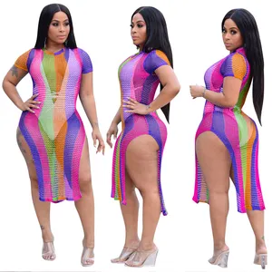 A050762 Seksi Warna-warni Bergaris Melihat Melalui 2019 Wanita Seksi Klub Malam Stripe Dress