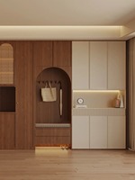 Buffet moderne traditionnel avec étagères de rangement, tiroirs et paniers pour salle à manger et cave à vin