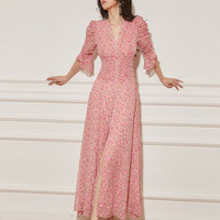 Robe maxi de soirée pour femmes, style décontracté de plage, imprimé bohème élégant, fente haute, manches courtes, qualité ODM personnalisée