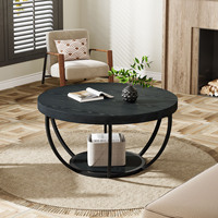 Table basse ronde industrielle de 32 pouces à 2 niveaux en bois avec rangement ouvert, table d'appoint circulaire, meubles de salon, noir