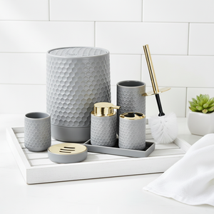 Ensemble d'accessoires de salle de bain en plastique à texture nid d'abeille gris, 6 pièces, distributeur de savon, porte-brosse de <span class=keywords><strong>toilette</strong></span>, pour la décoration de salle de bain moderne - Product Image 5