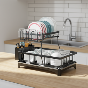 Escurridor de Platos de 2 Niveles, de Acero Inoxidable Negro, para Encimera de Cocina, con Soporte para Utensilios, Diseño Minimalista - Product Image 2
