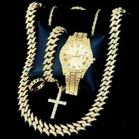 Ensemble de bijoux 5 pièces tendance : Montre romaine entièrement sertie de diamants, Collier croix, Bracelet chaîne cubaine, Bague - Vente en gros