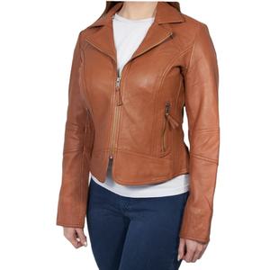 Veste en cuir à la cannelle de style motard chic et sur mesure pour femmes en peau de mouton d'agneau véritable douce - Product Image 1