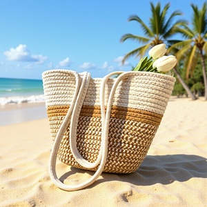 Sac fourre-tout en paille tressée, sac à main de plage bohème décontracté pour femmes avec fleurs, ouverture supérieure, léger, grande capacité, deux poignées - Product Image 3