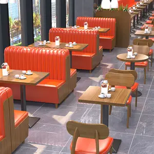 Factory price luxury restaurant wood tables and chairs half round orange restaurant booth seating restaurant sets for fast food