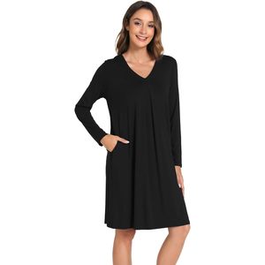 Custom Bamboo Women's Nightgown <b>Long</b> <b>Sleeve</b> V Neck Sleepwear <b>With</b> Pockets Solid <b>Long</b> <b>Sleeves</b> <b>Night</b> <b>Dress</b> Pajama <b>Dress</b> - Product Image 1