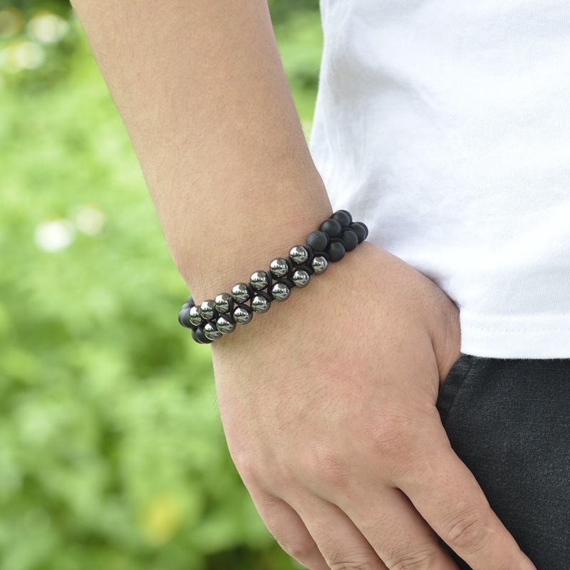 Double row natural stone 8mm handmade adjustable braided lava rock and magnetic hematite custom beaded mens bracelet
